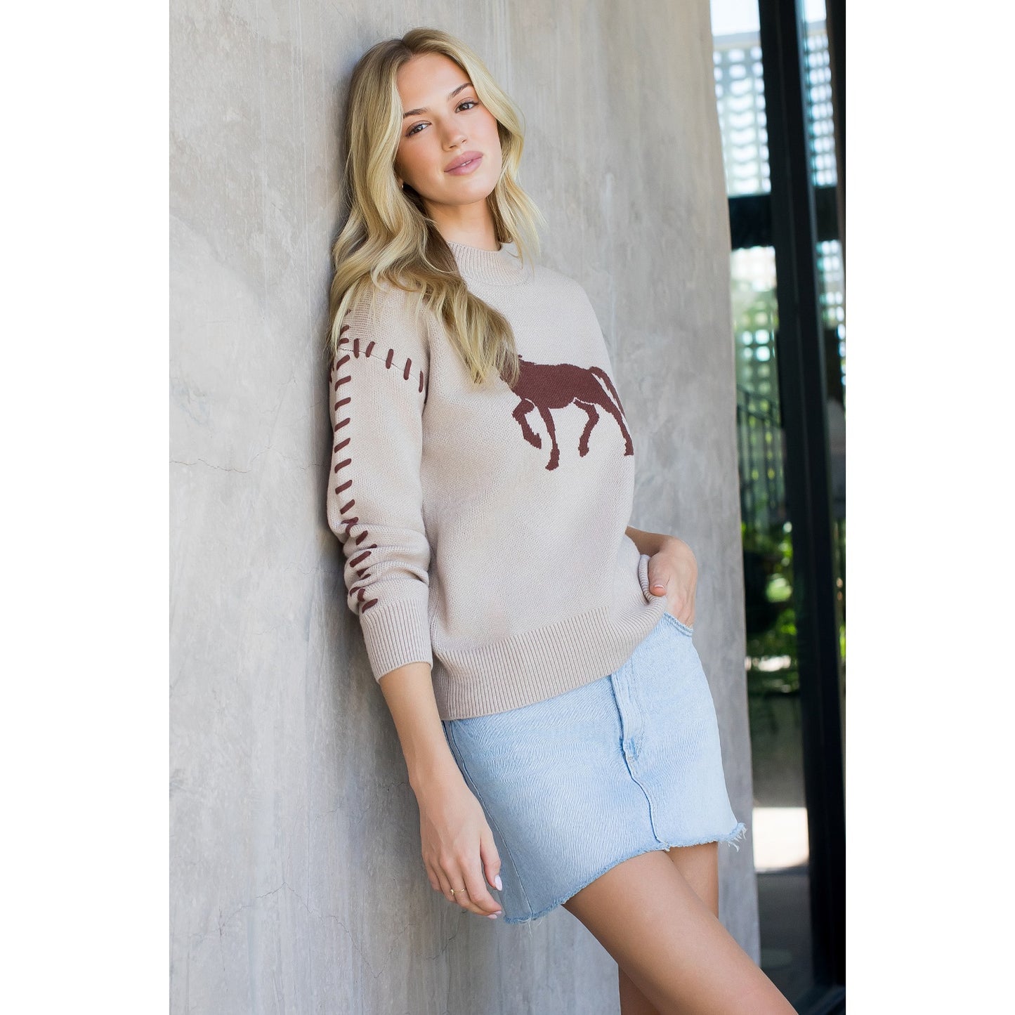 Stitch Detail Horse Knit Sweater - Beige