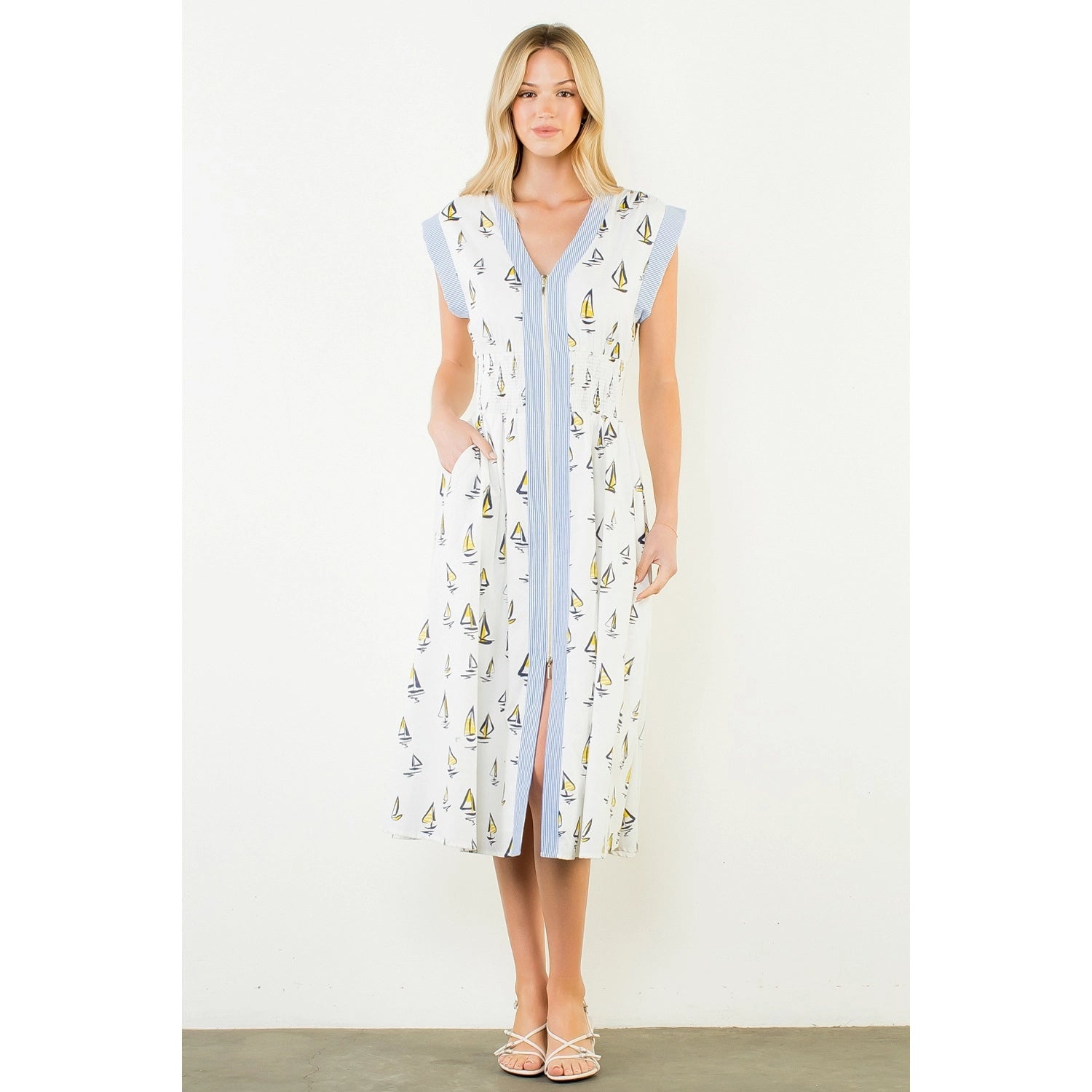 Short Sleeve Sailboat Pattern Midi Dress - Cream