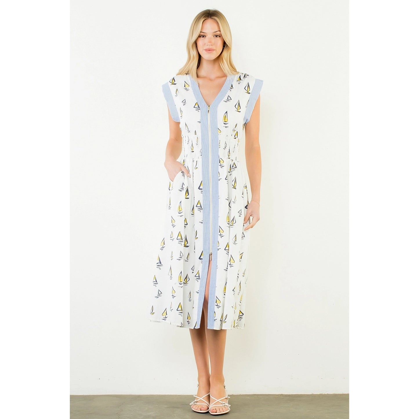 Short Sleeve Sailboat Pattern Midi Dress - Cream