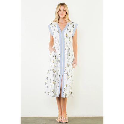 Short Sleeve Sailboat Pattern Midi Dress - Cream