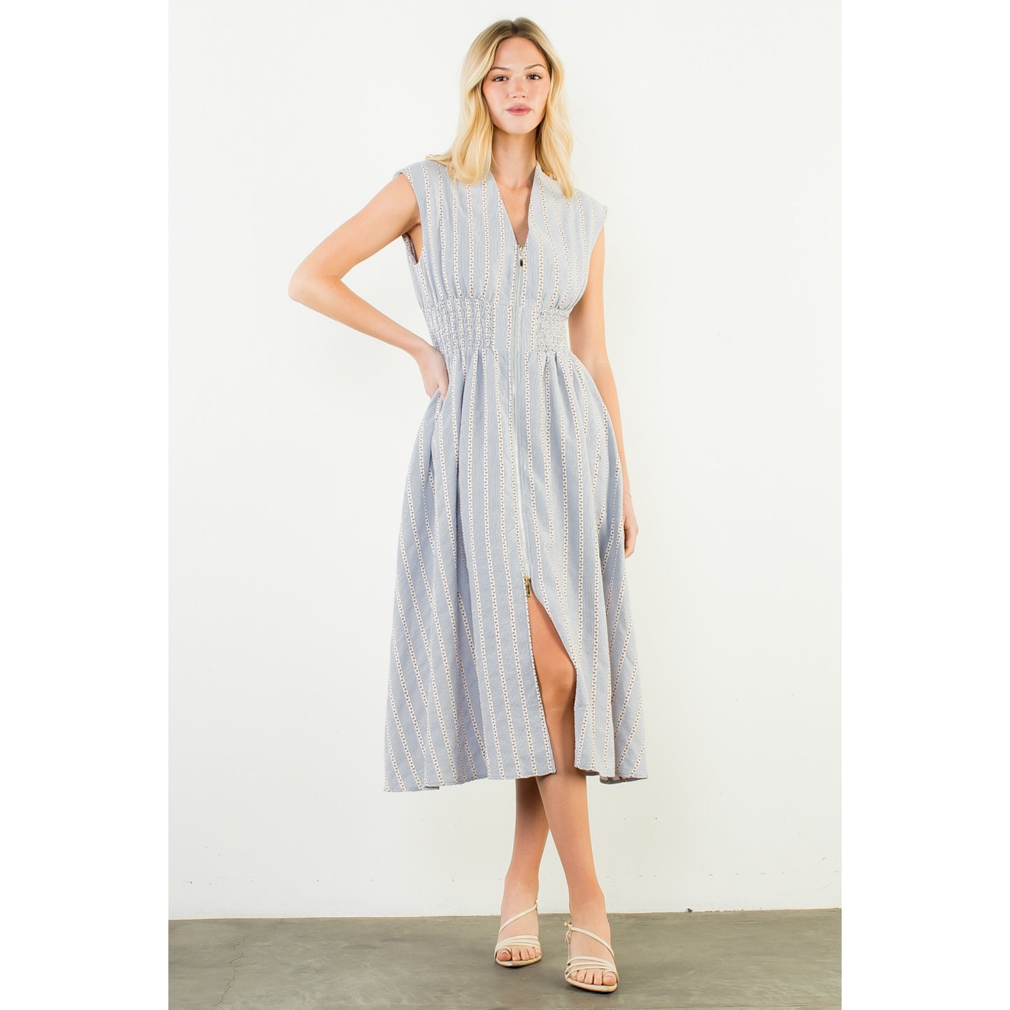 Sleeveless Striped Pattern V-Neck Dress - Blue - Spinout