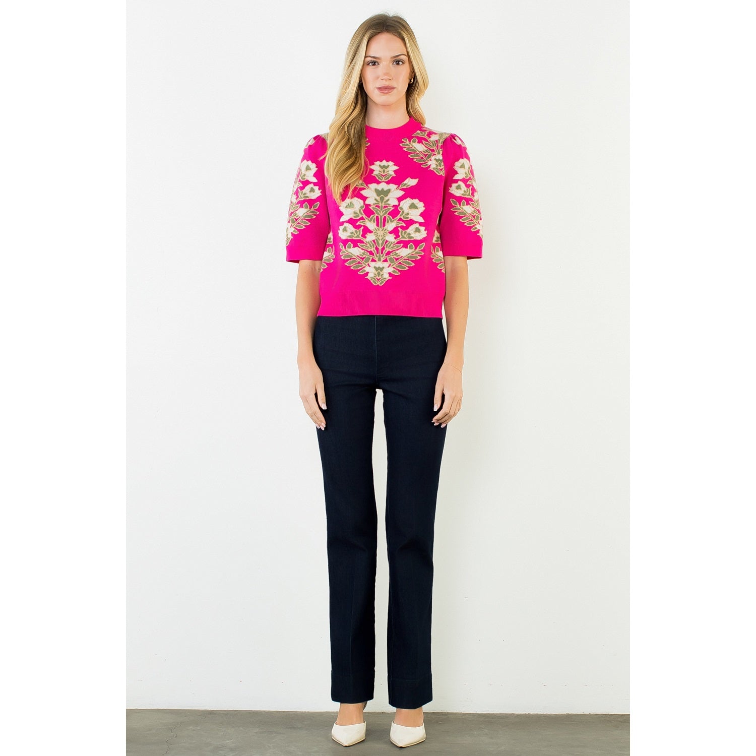 Short Sleeve Floral Pattern Sweater - Pink
