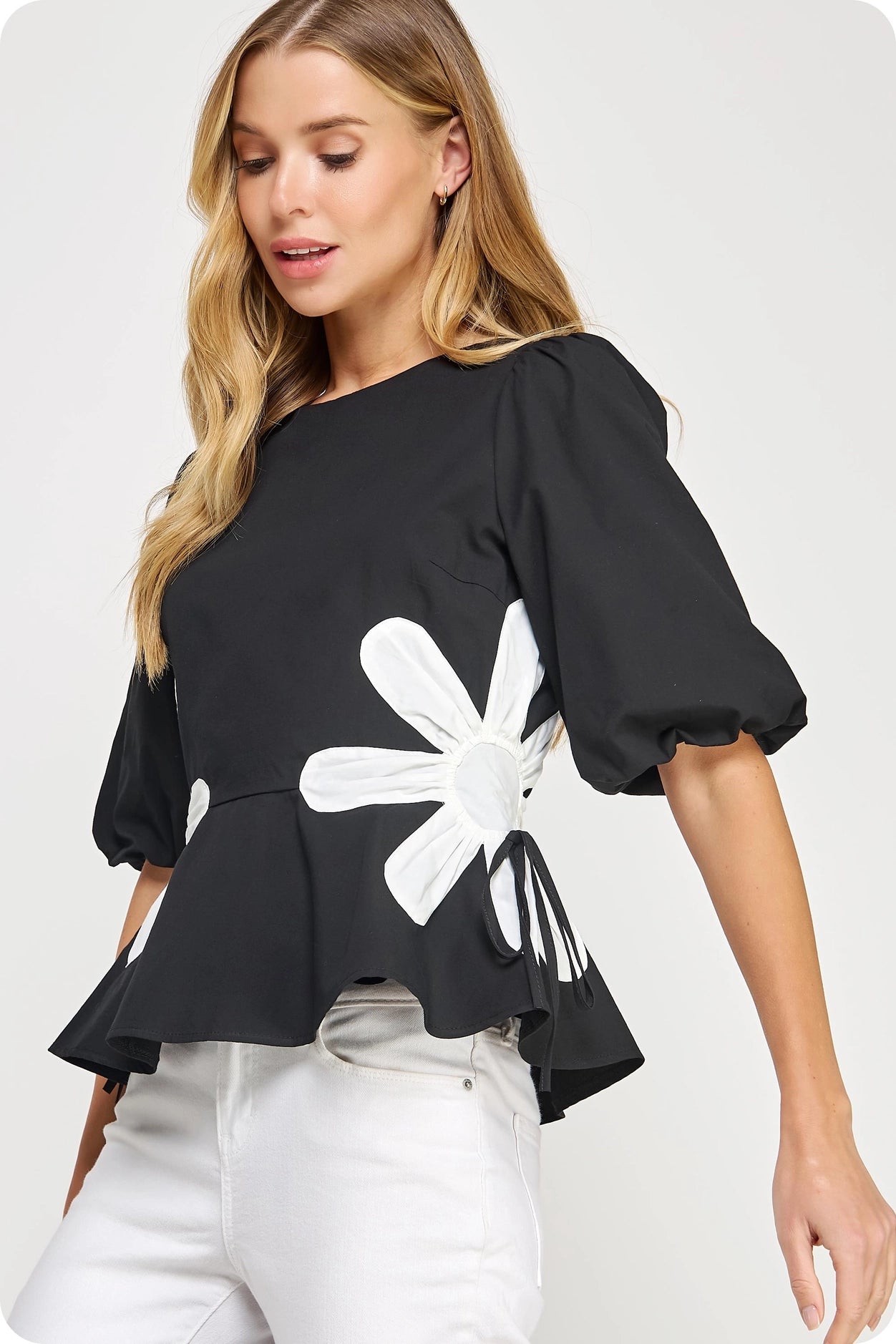 Flower Color-Block Poplin Top - Black/Off White