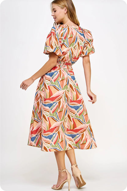 Puff Sleeve Print Midi Dress - Multi