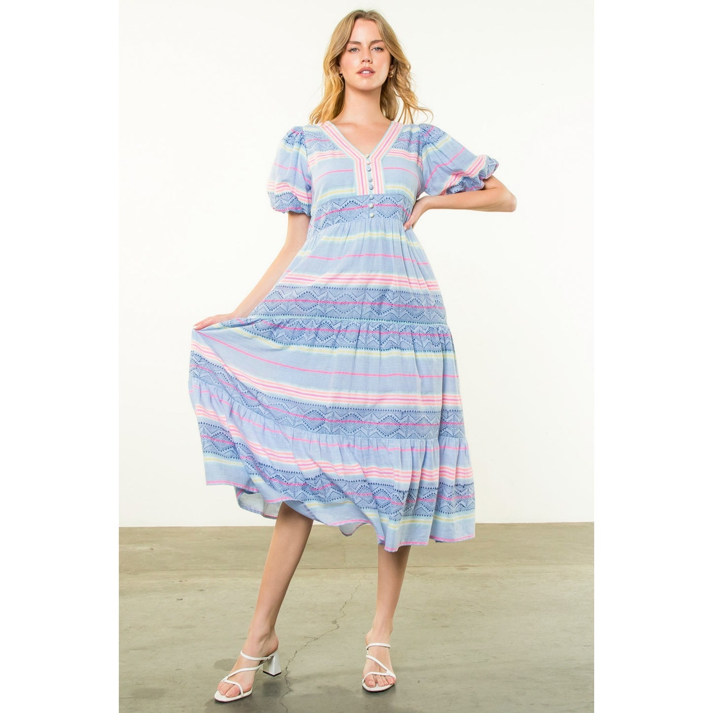 THML - Puff Sleeve Pattern Dress - Blue