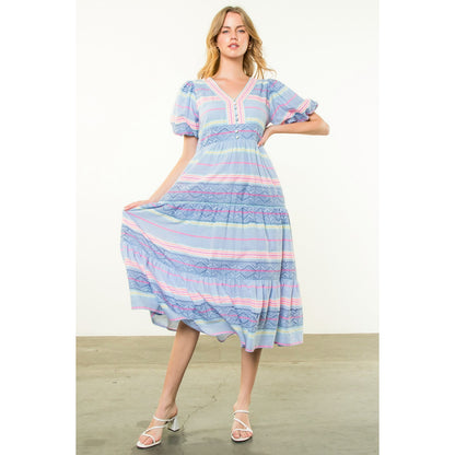 THML - Puff Sleeve Pattern Dress - Blue