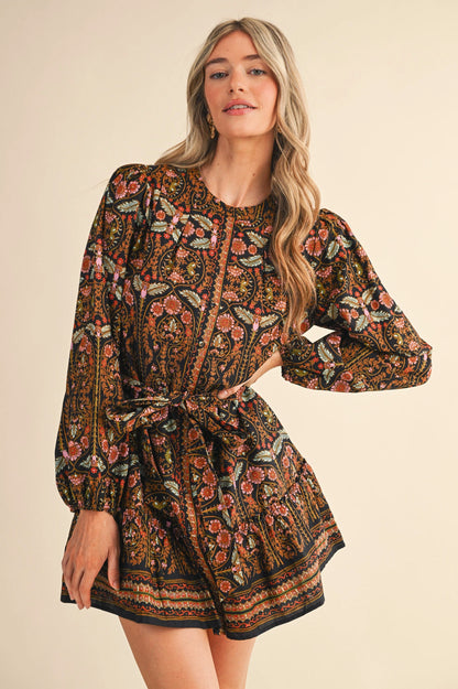 Exclusive Floral Print Button Down Belted Mini Dress - Black Multi