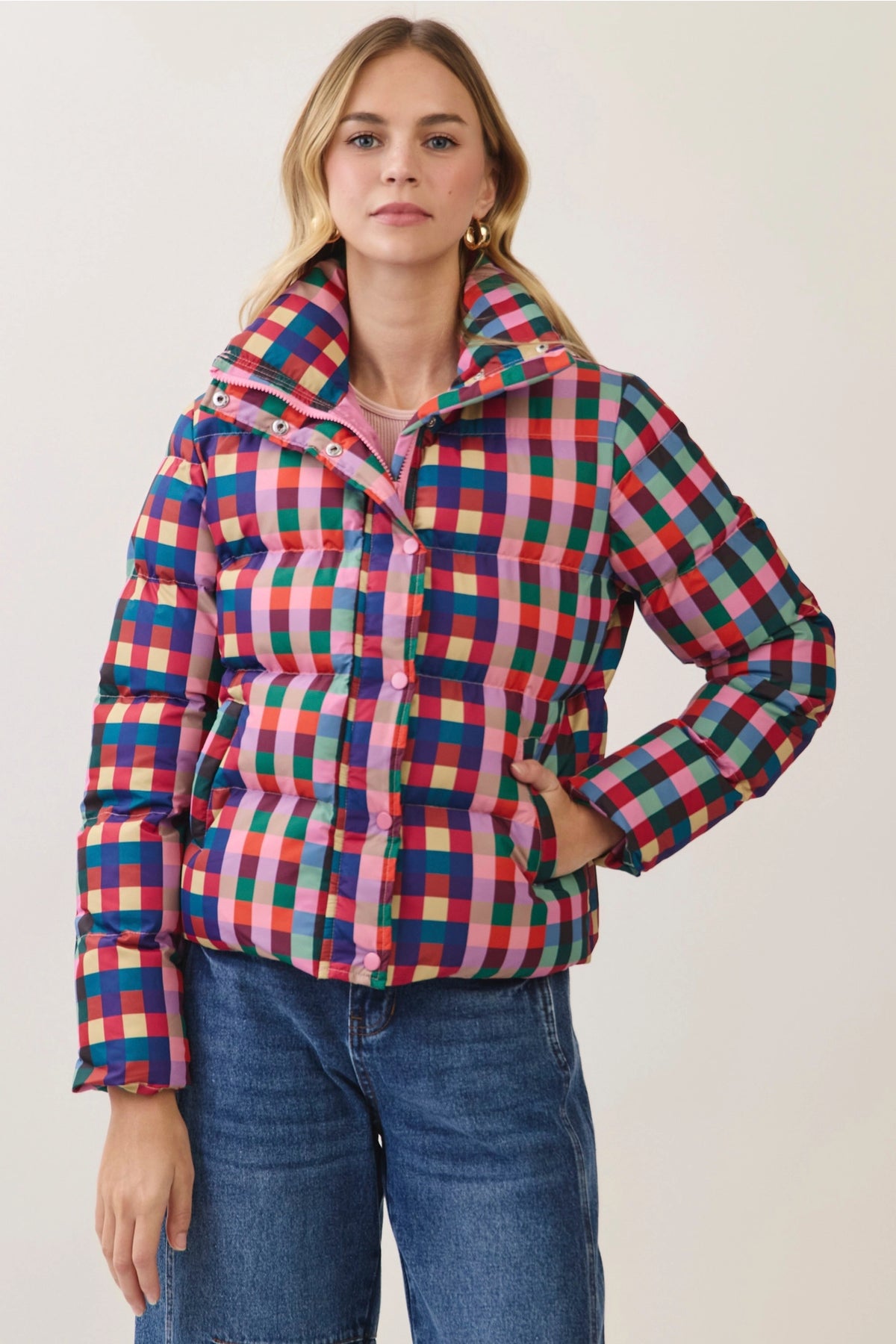 Multicolor Check Puffer Jacket - Pink