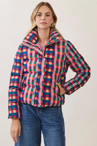 Multicolor Check Puffer Jacket - Pink