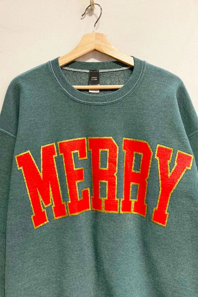 Sweet Claire - Glitter Merry Holiday Sweatshirt - Heather Green