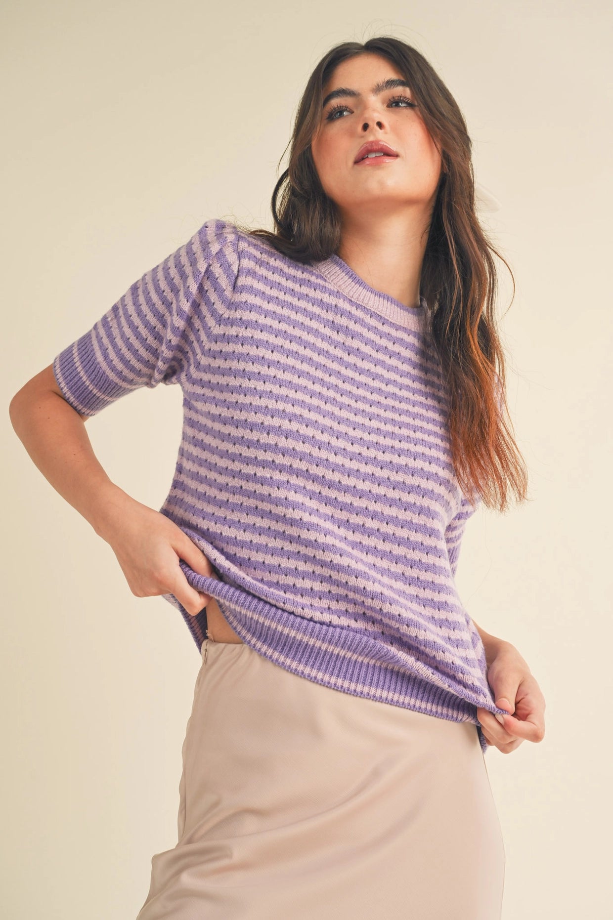 Striped Pointelle Knit Puff Sleeve Sweater - Pink Lavender