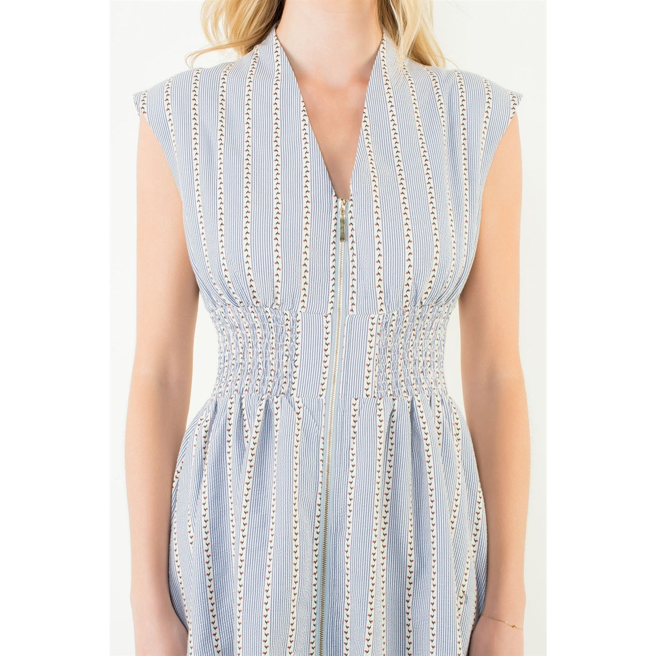 Sleeveless Striped Pattern V-Neck Dress - Blue