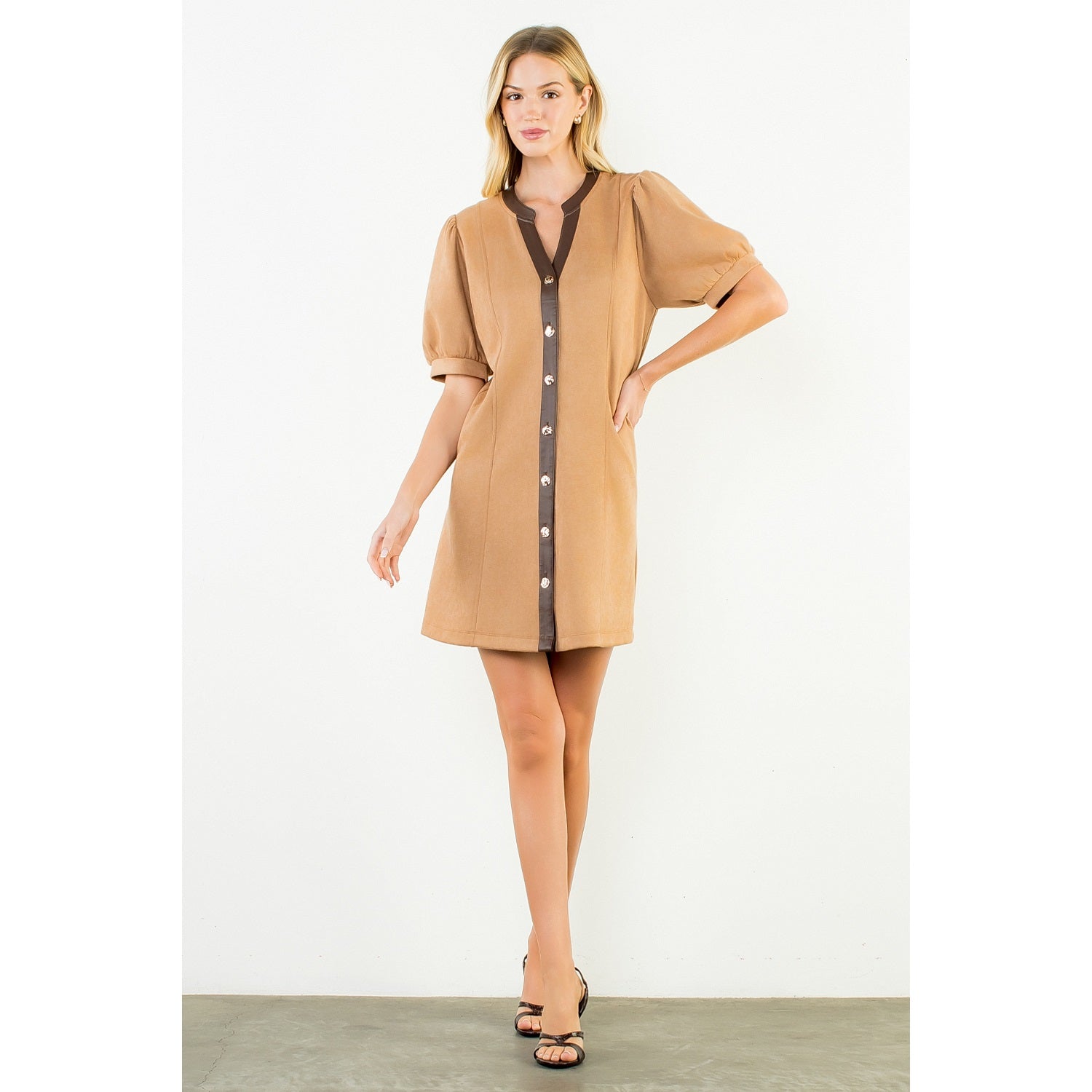 Suede Short Dress with Gold Buttons - Camel