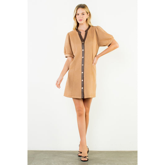 Suede Short Dress with Gold Buttons - Camel