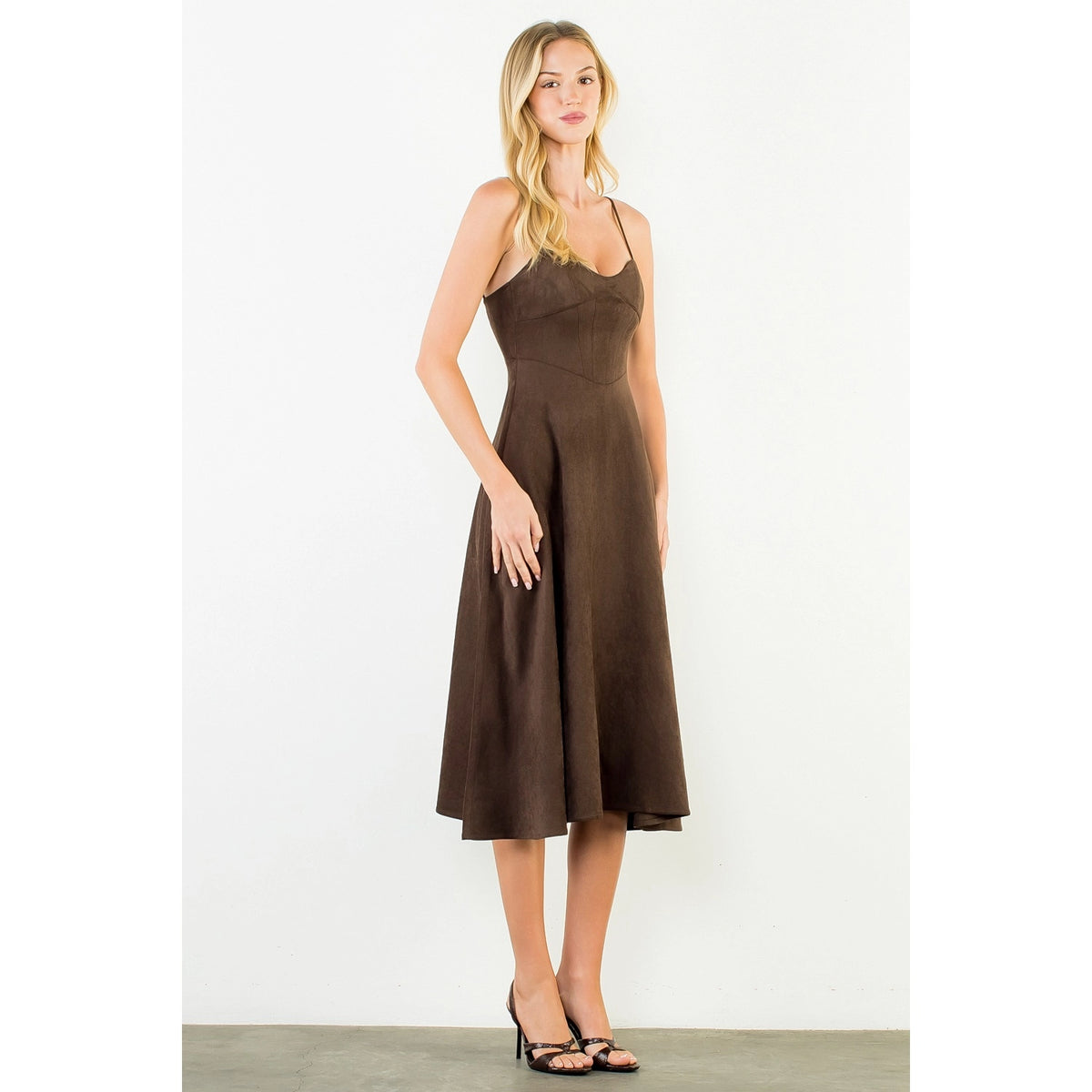 Suede Strapped Dress - Brown