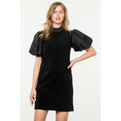 THML - Puff Sleeve Corduroy Midi Dress - Black