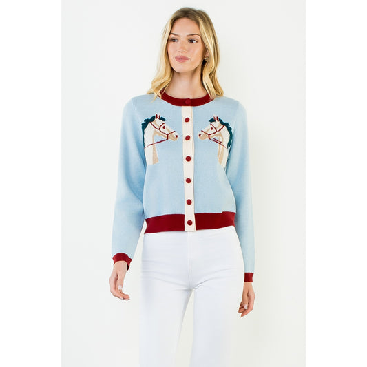 Double Horse Knit Cardigan - Light Blue