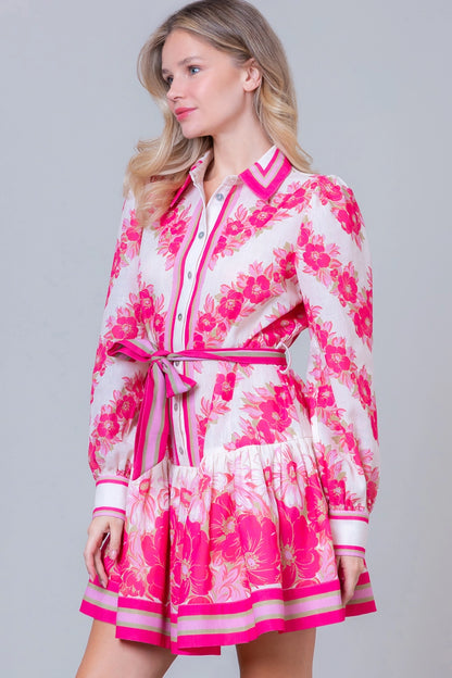 Long Sleeve Button Up Printed Dress w/Self Tie - Pink Multi - Spinout