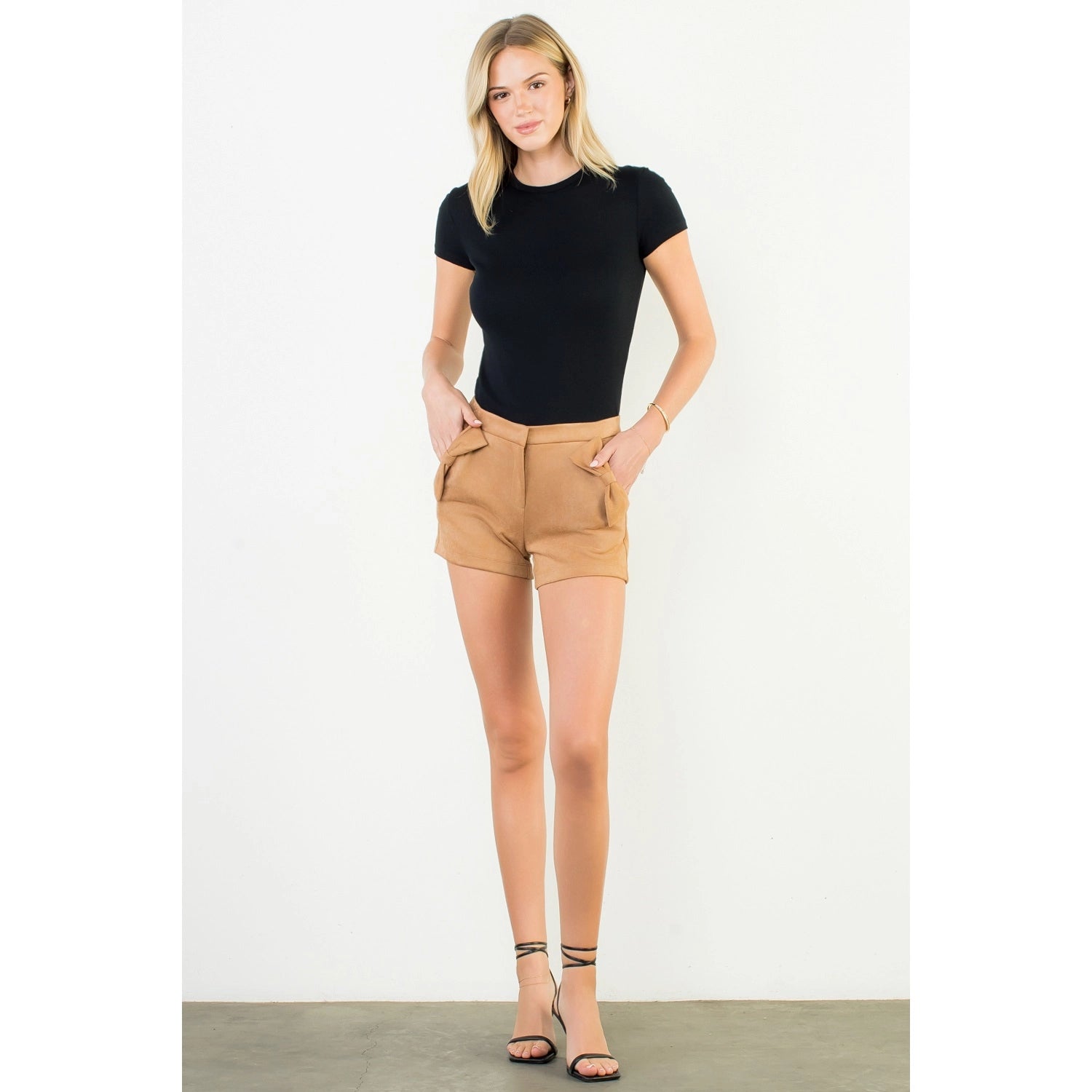 Bow Detail High Waist Suede Shorts - Camel