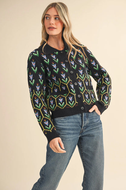 Floral Knit Collared Sweater Cardigan - Black Multi