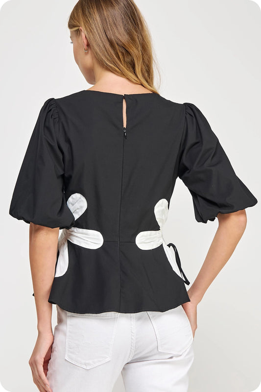 Flower Color-Block Poplin Top - Black/Off White