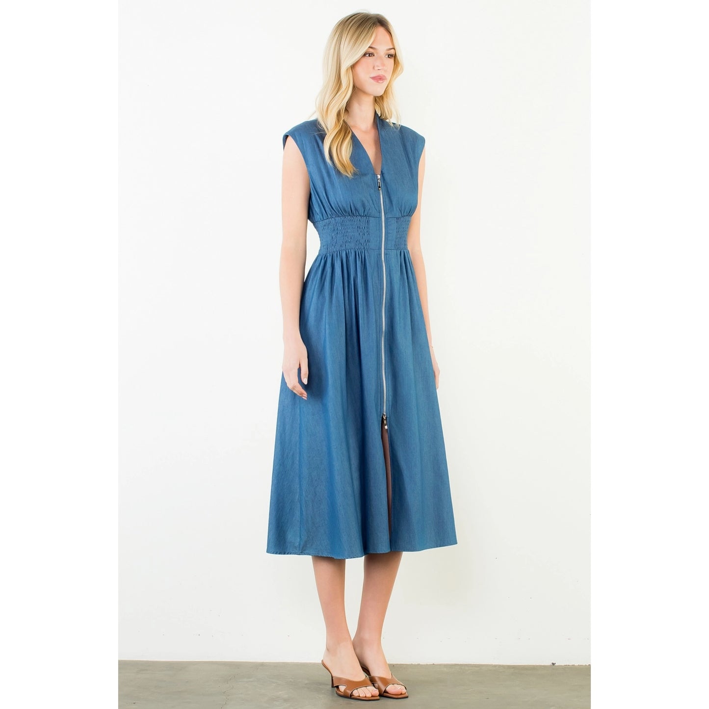 Sleeveless Denim Smocked Waist Dress - Denim Blue