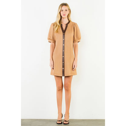 Suede Short Dress with Gold Buttons - Camel