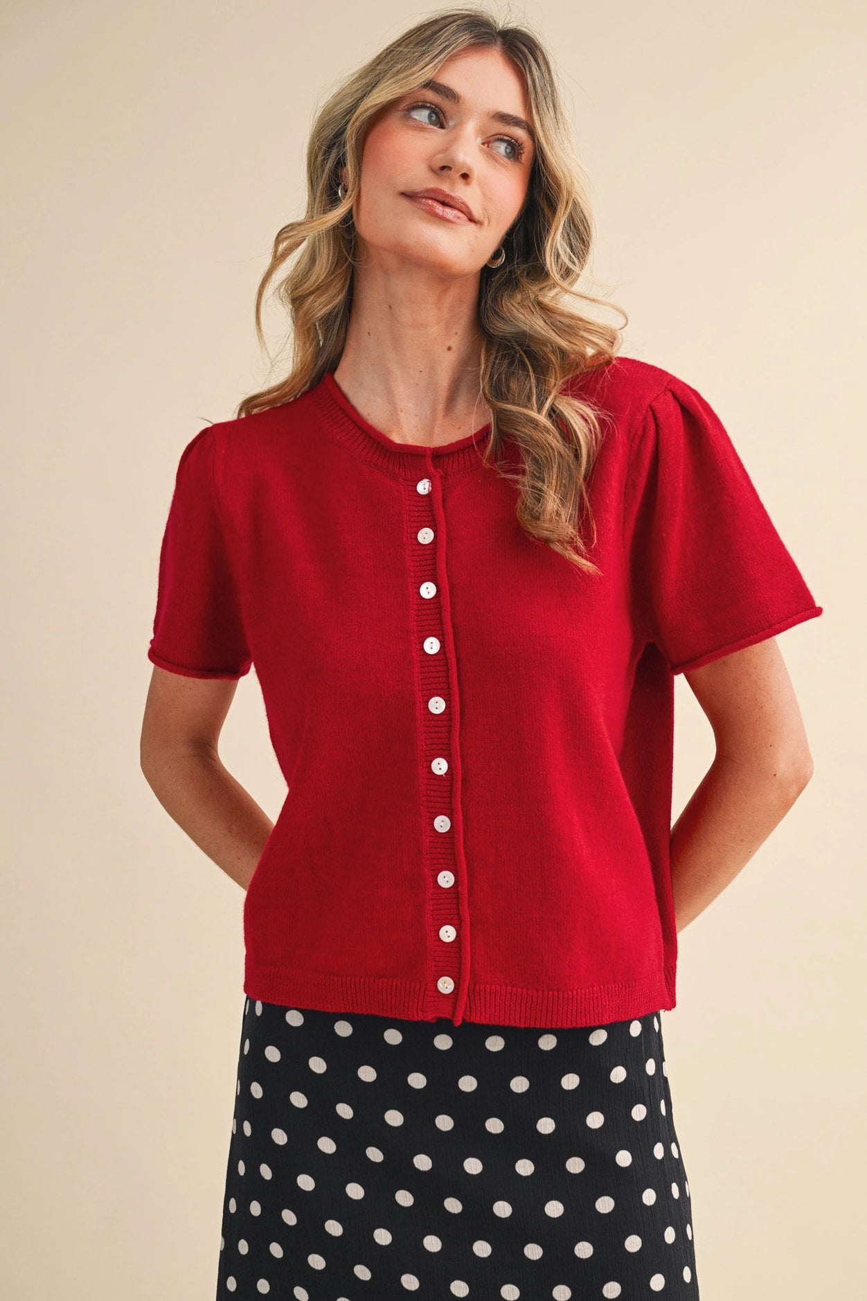 Short Sleeve Sweater Cardigan - Red