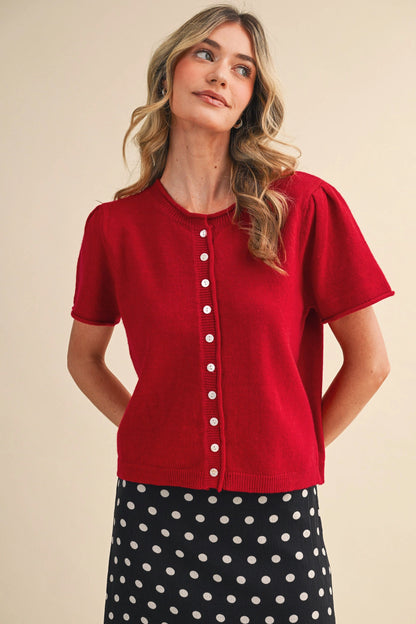 Short Sleeve Sweater Cardigan - Red