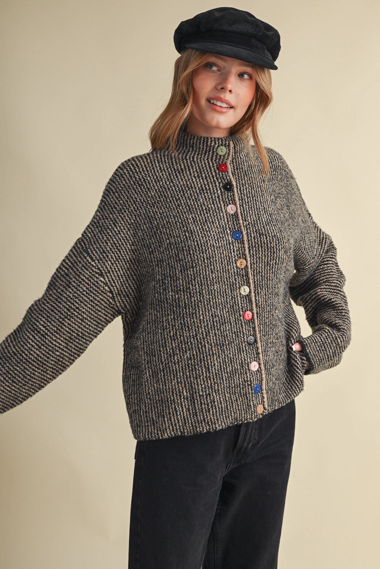 Striped Sweater Cardigan with Colorful Buttons - Black Taupe