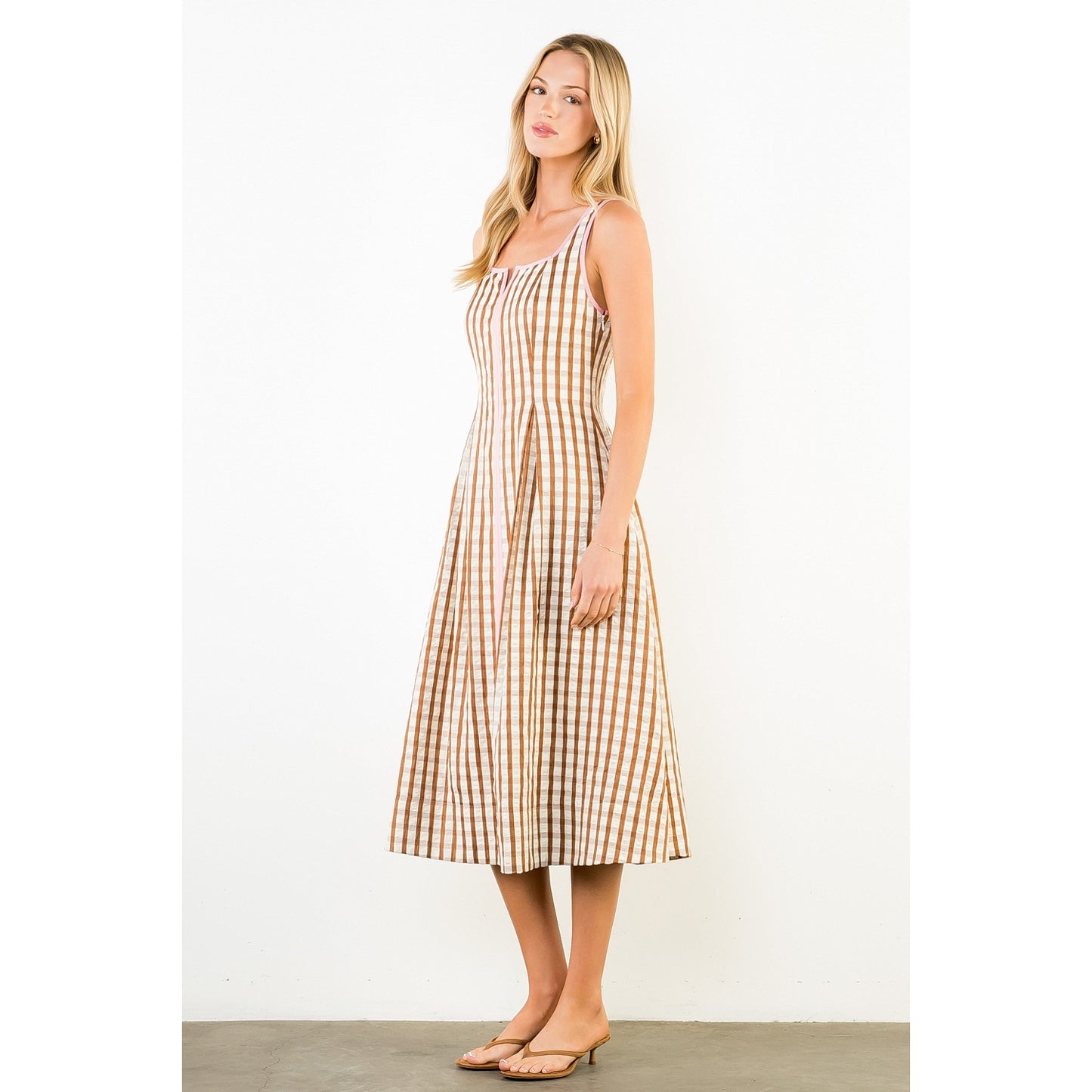 Thin Strap Gingham Pattern Dress - Brown