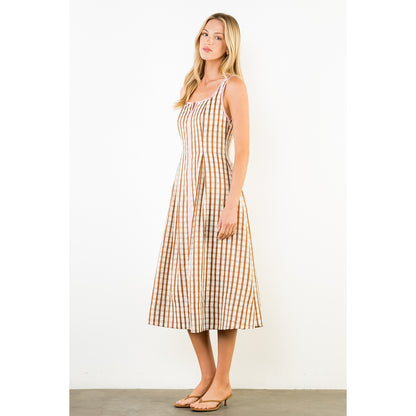 Thin Strap Gingham Pattern Dress - Brown