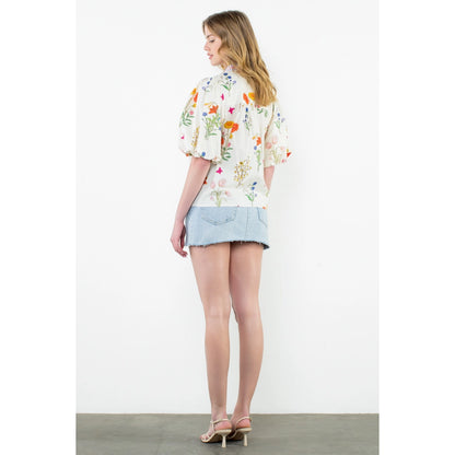 THML - Puff Sleeve Floral Top - Cream