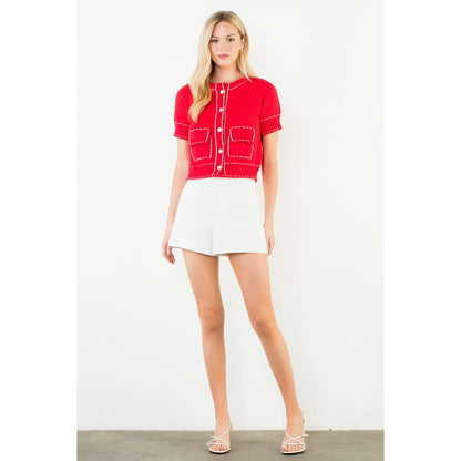 Short Sleeve Knitted Button Up Top - Red
