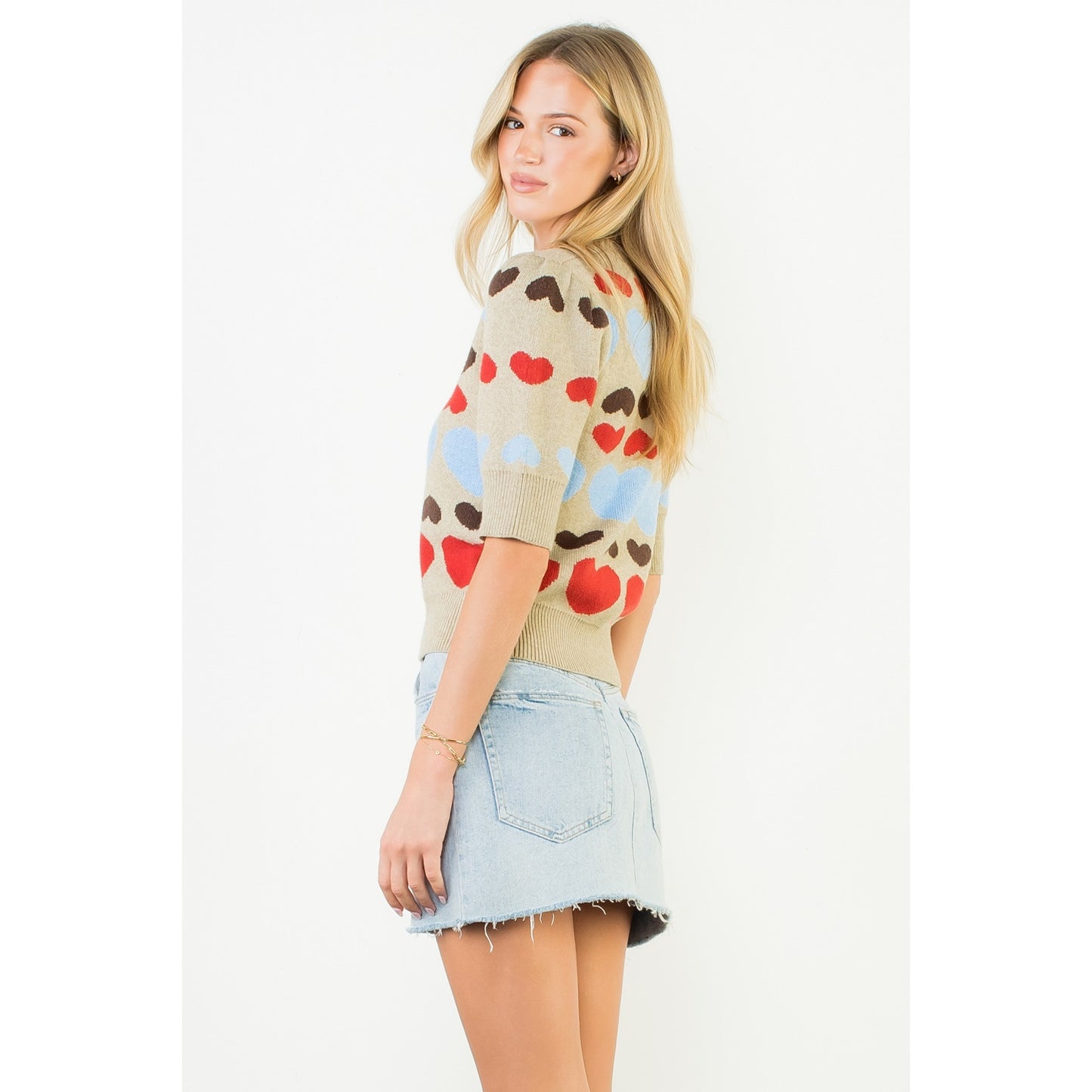 Short Sleeve Heart Knit Top - Taupe