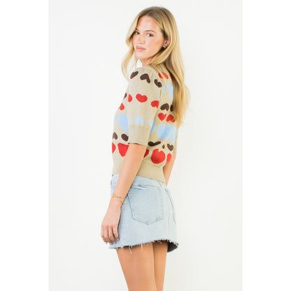 Short Sleeve Heart Knit Top - Taupe