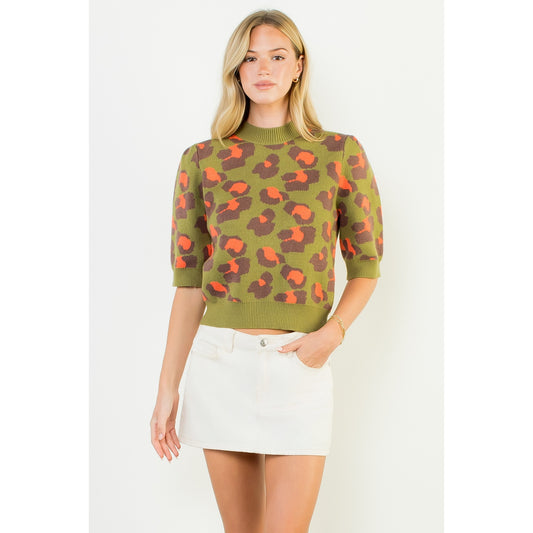 Short Sleeve Leopard Print Knit Top - Olive