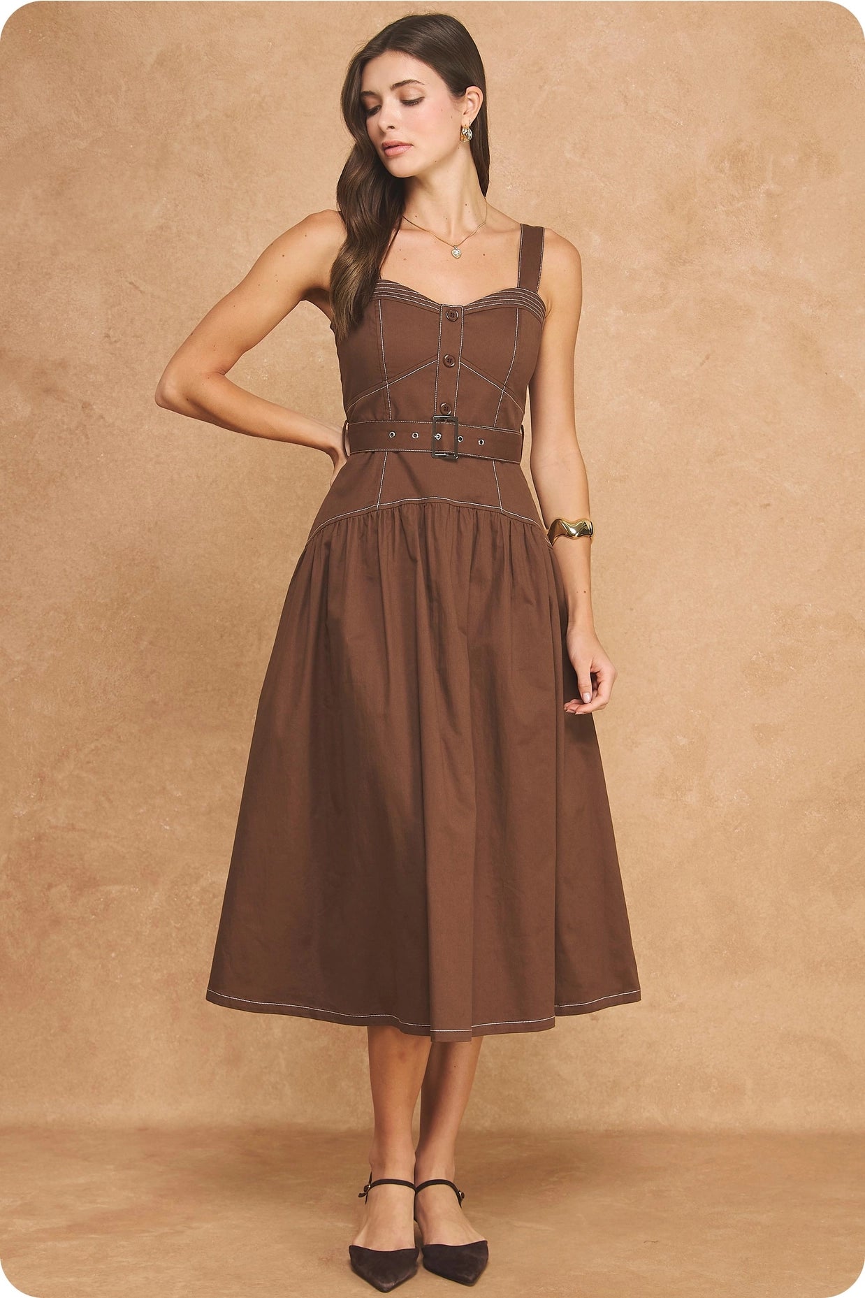 Contrast Top Stitch Sweetheart Belted A-Line Midi Dress - Chocolate Brown