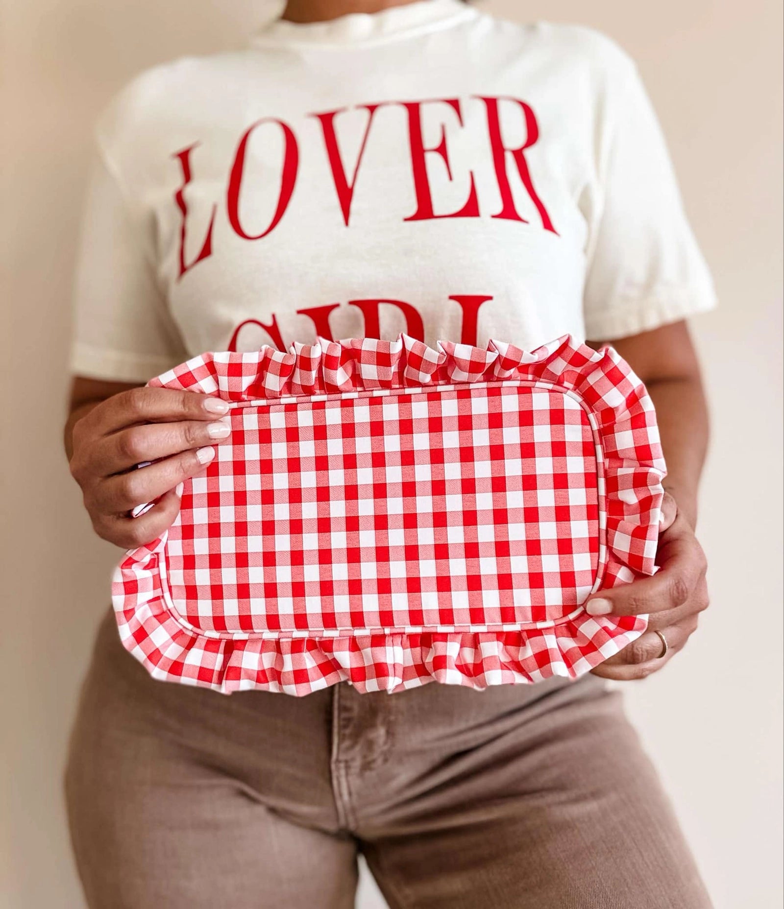 Gingham Ruffle Zipper Pouch Embroidery Friendly Cosmetic Bag - Red - Spinout