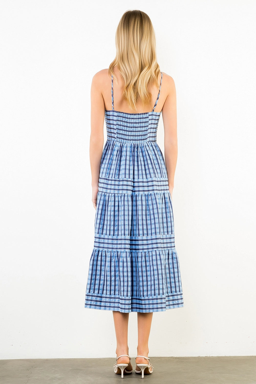 Thin Strap Striped Pattern Tiered Dress - Blue