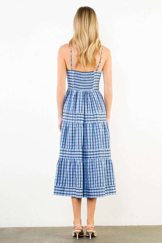 Thin Strap Striped Pattern Tiered Dress - Blue