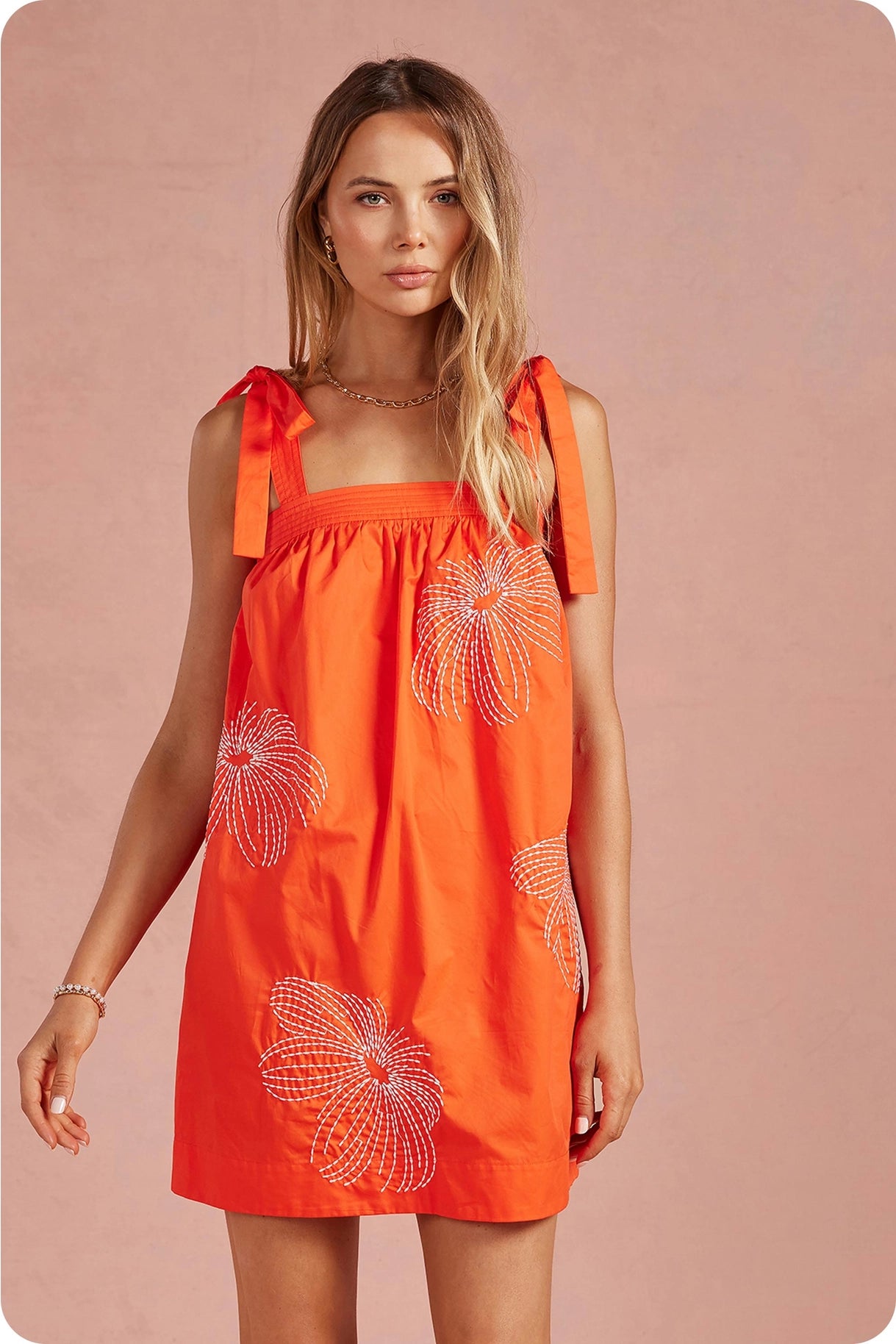 Embroidered Tie Shoulder Sleeveless Mini Dress - Orange/Off White