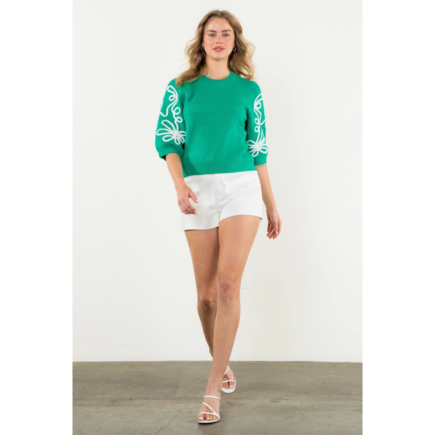 THML - Short Sleeve Embroidered Detail Knit Top - Green