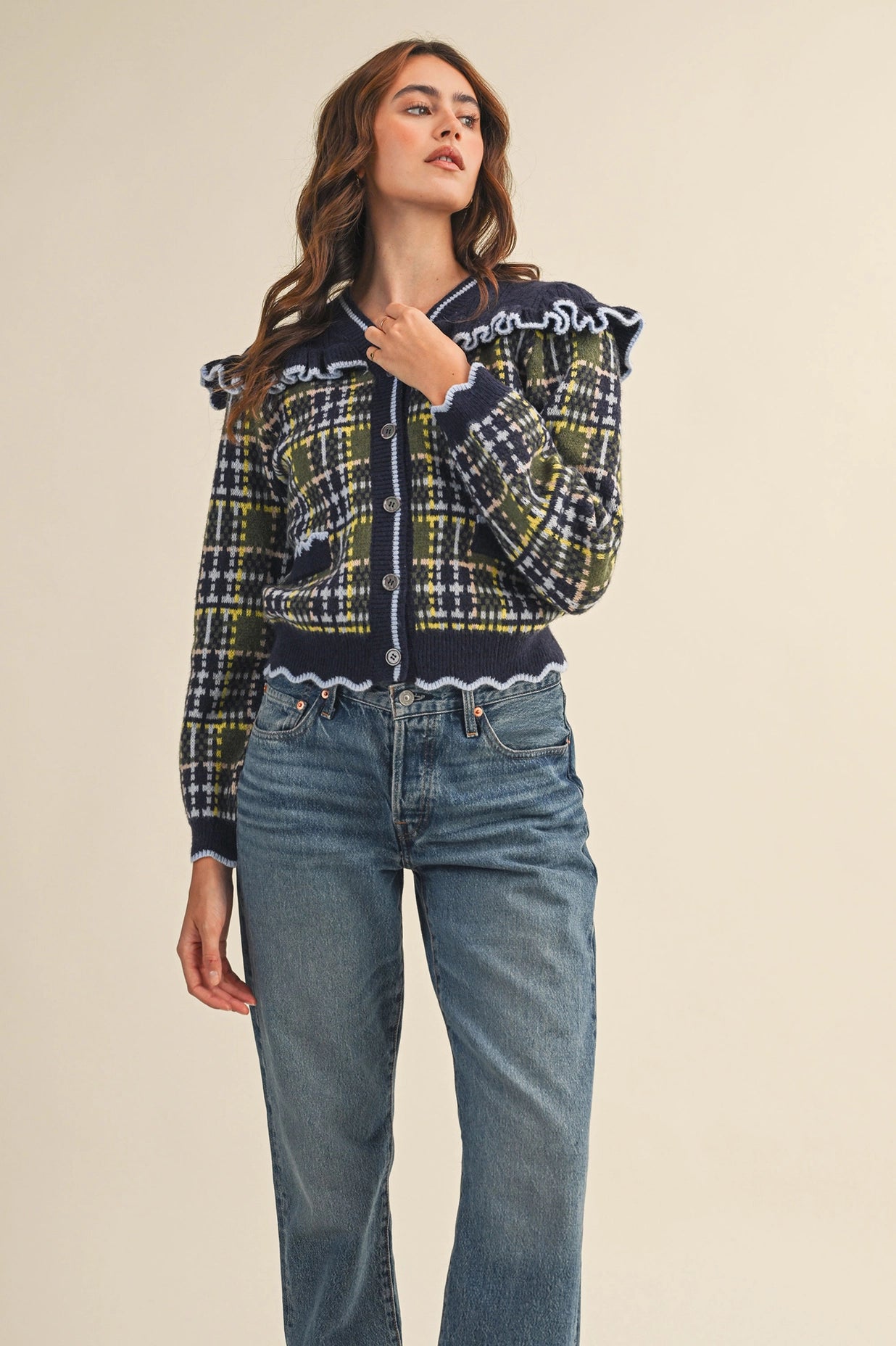 Ruffled Yoke Plaid Sweater Cardigan - Navy
