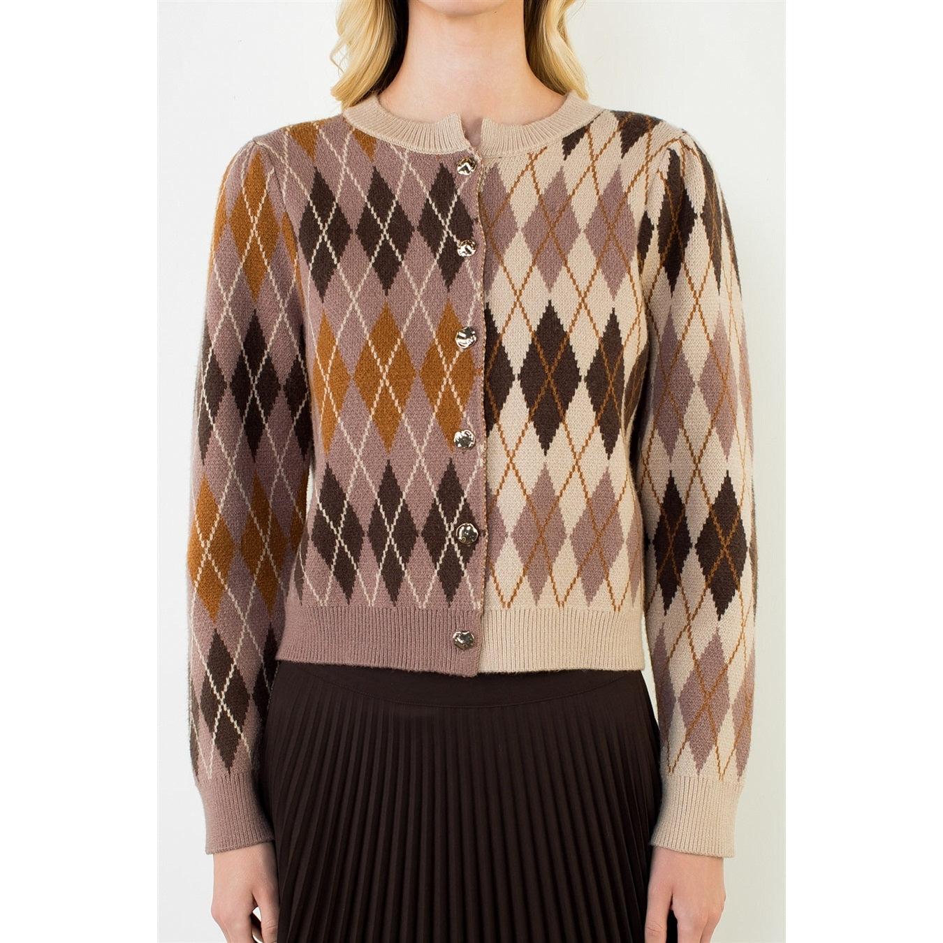 Pattern Gold Button Cardigan - Brown