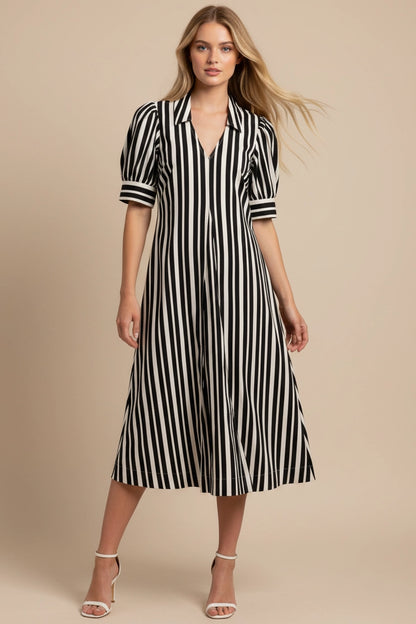 Vertical Striped Midi Dress - Black