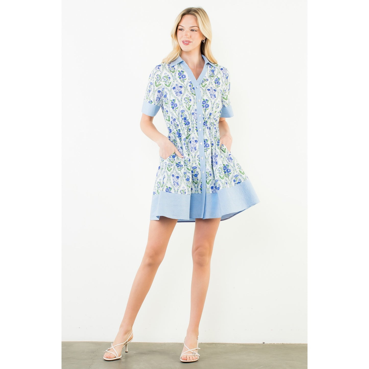Short Sleeve Button Down Floral Pattern Dress - White