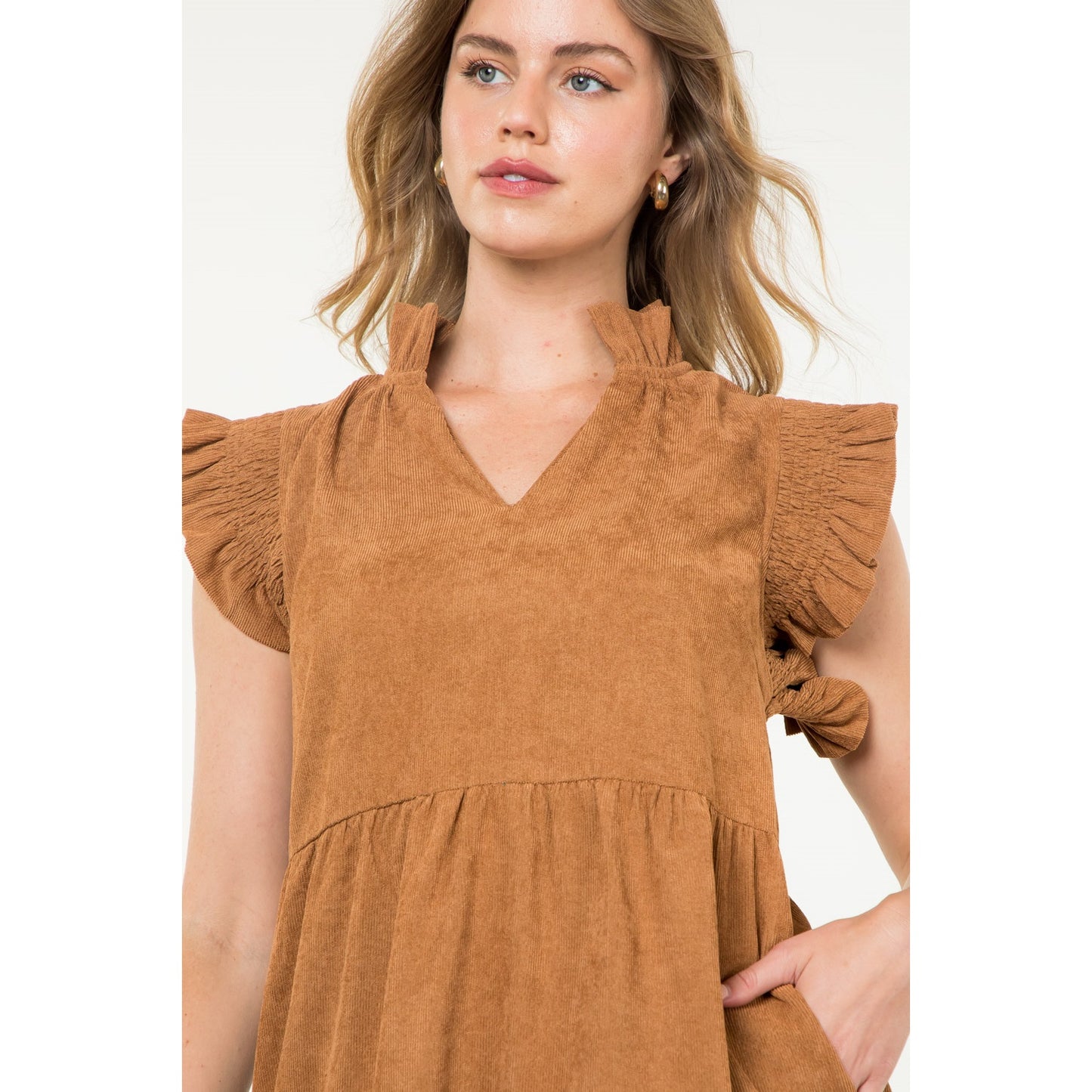 THML - Flutter Sleeve Corduroy Midi Dress - Camel