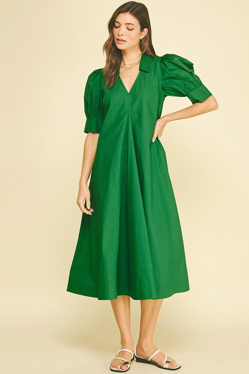 V-Neck Pleated A-Line Dress - Grass Green