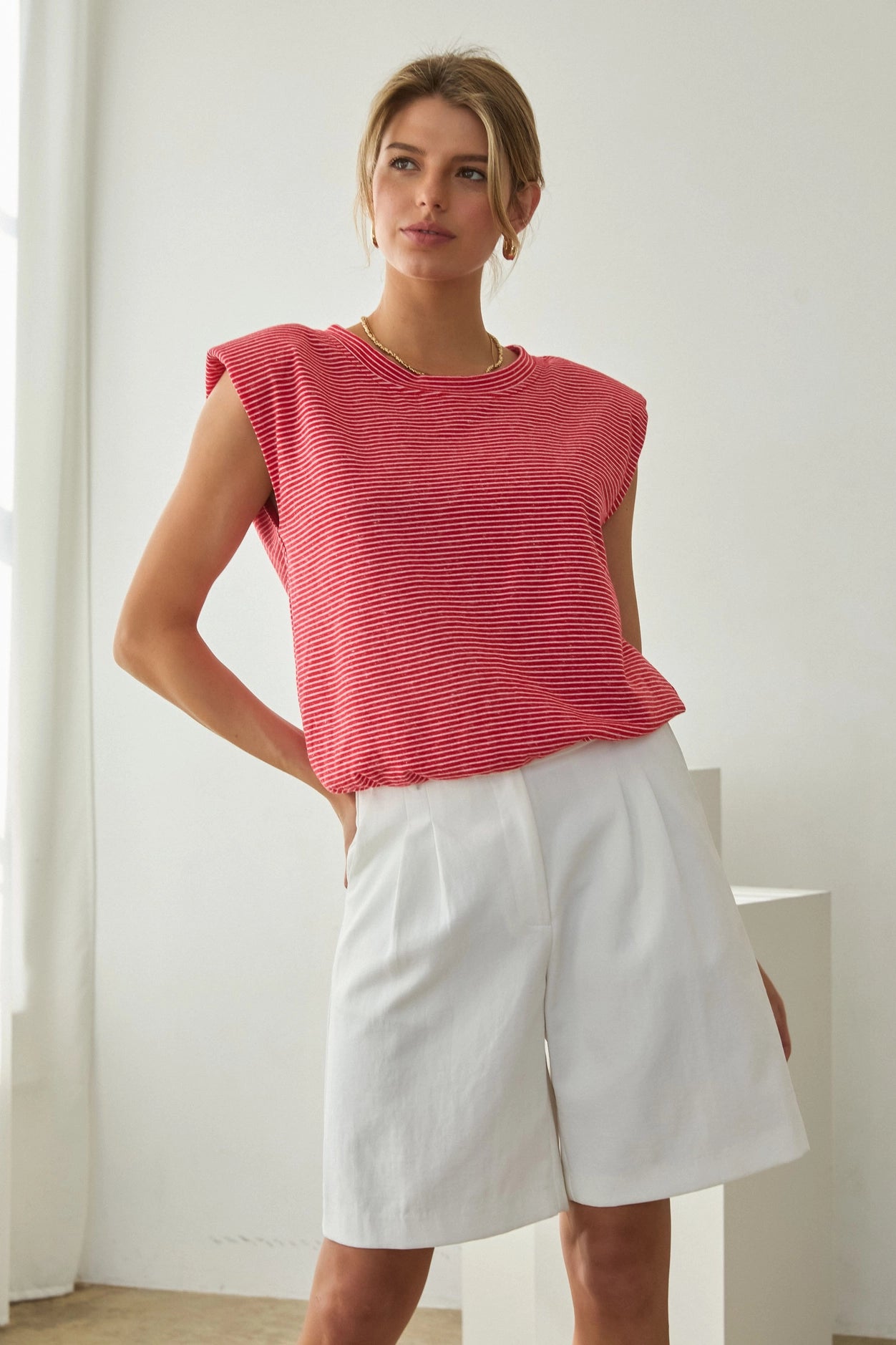 Stripe Knit Bubble Hem Tank Top - Red